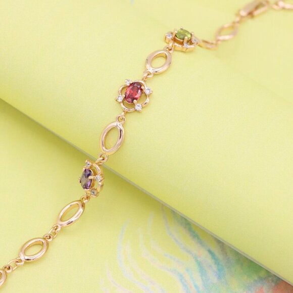 "Elegant Multicolor Oval Link Rose Gold Bracelet with Gemstones, XPBL1019 - Picture 1 of 11